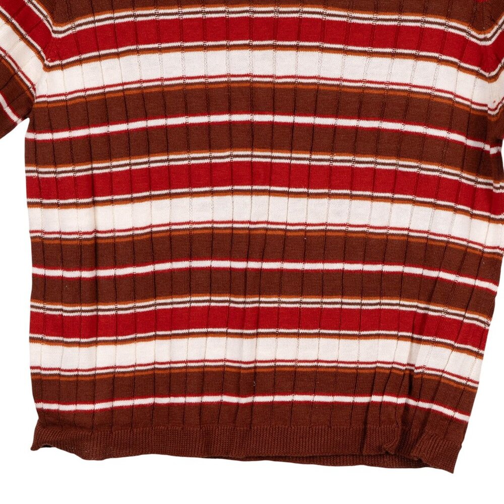 70s Knit Sweater M Striped Red Brown ShortSleeve Knit Preppy Academia Old Money - Picture 3 of 5